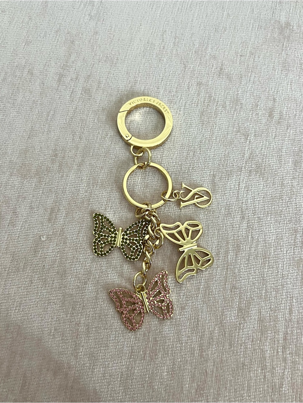 Victoria’s Secret Gold Butterfly Charm Keychain with Pink & Green Accents